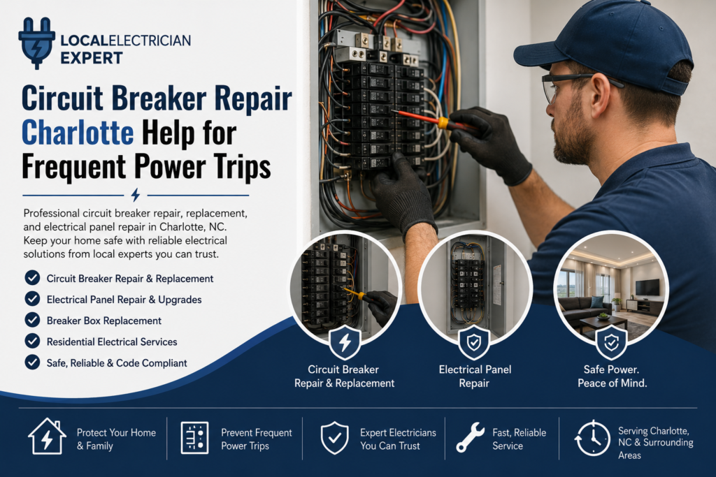Circuit breaker repair Charlotte NC electrician servicing a residential electrical panel.