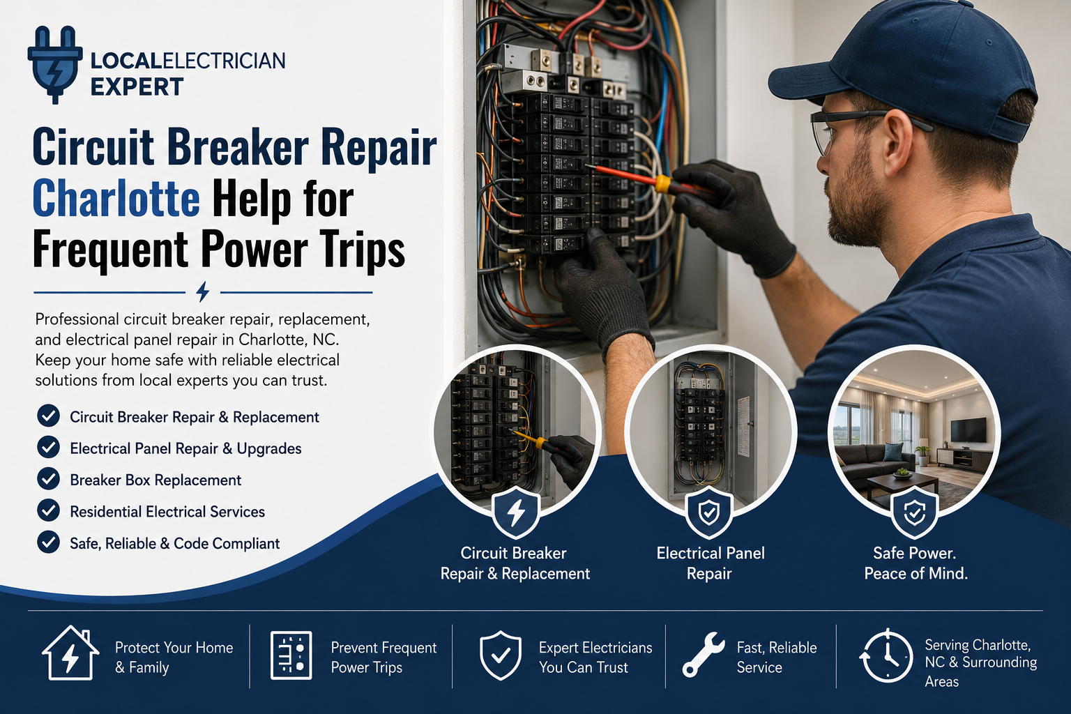 Circuit breaker repair Charlotte NC electrician servicing a residential electrical panel.