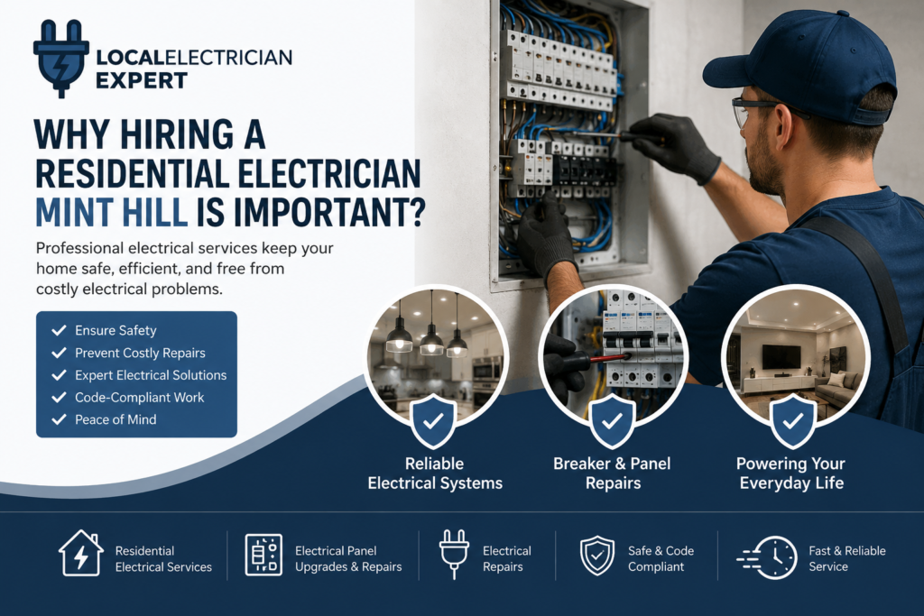 Professional residential electrician Mint Hill NC repairing an electrical panel, highlighting electrical repair services, breaker repairs, panel upgrades, and home electrical safety by Local Electrician Expert.