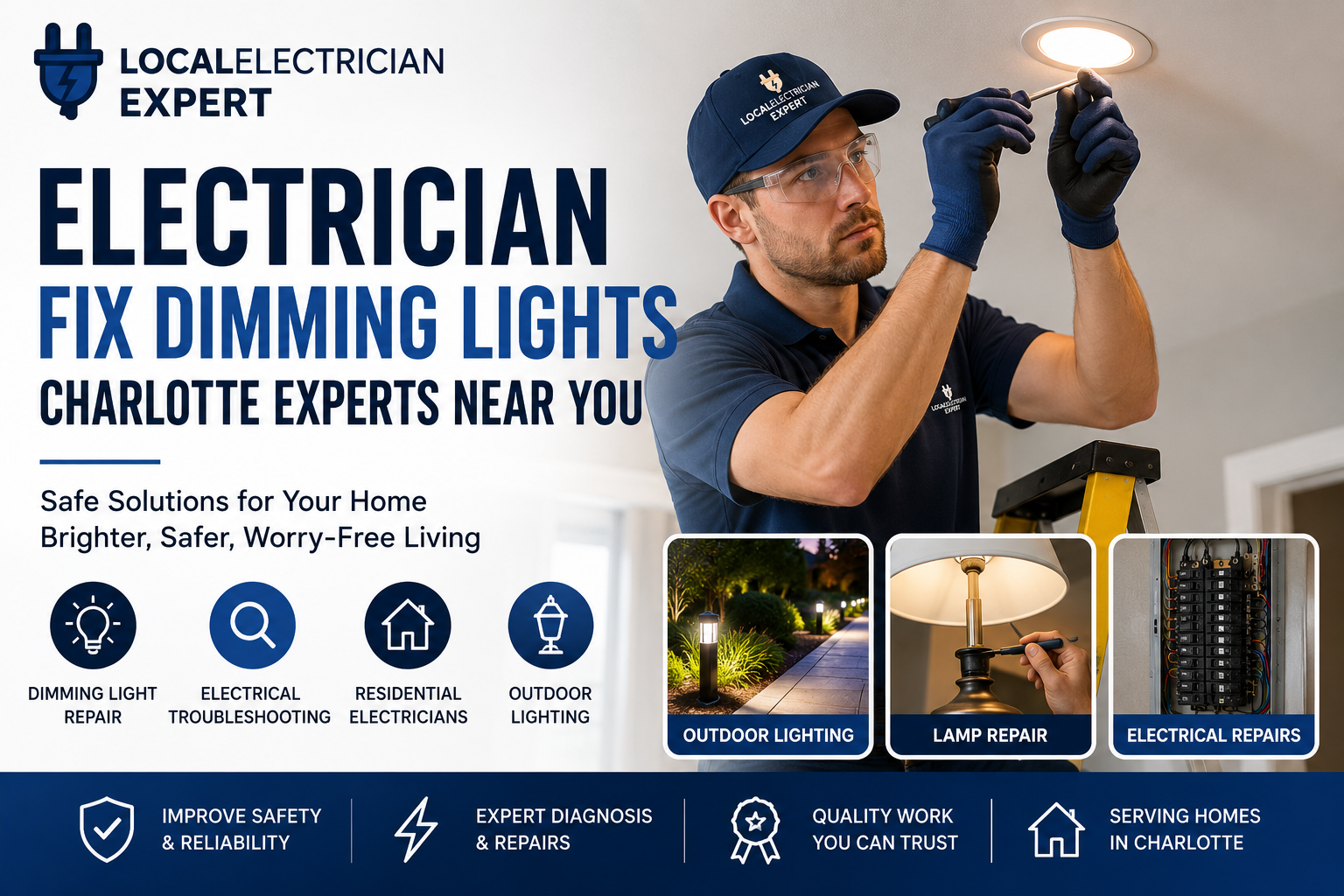 Professional electrician fixing dimming lights in a Charlotte home for safer, more reliable lighting and electrical repairs.
